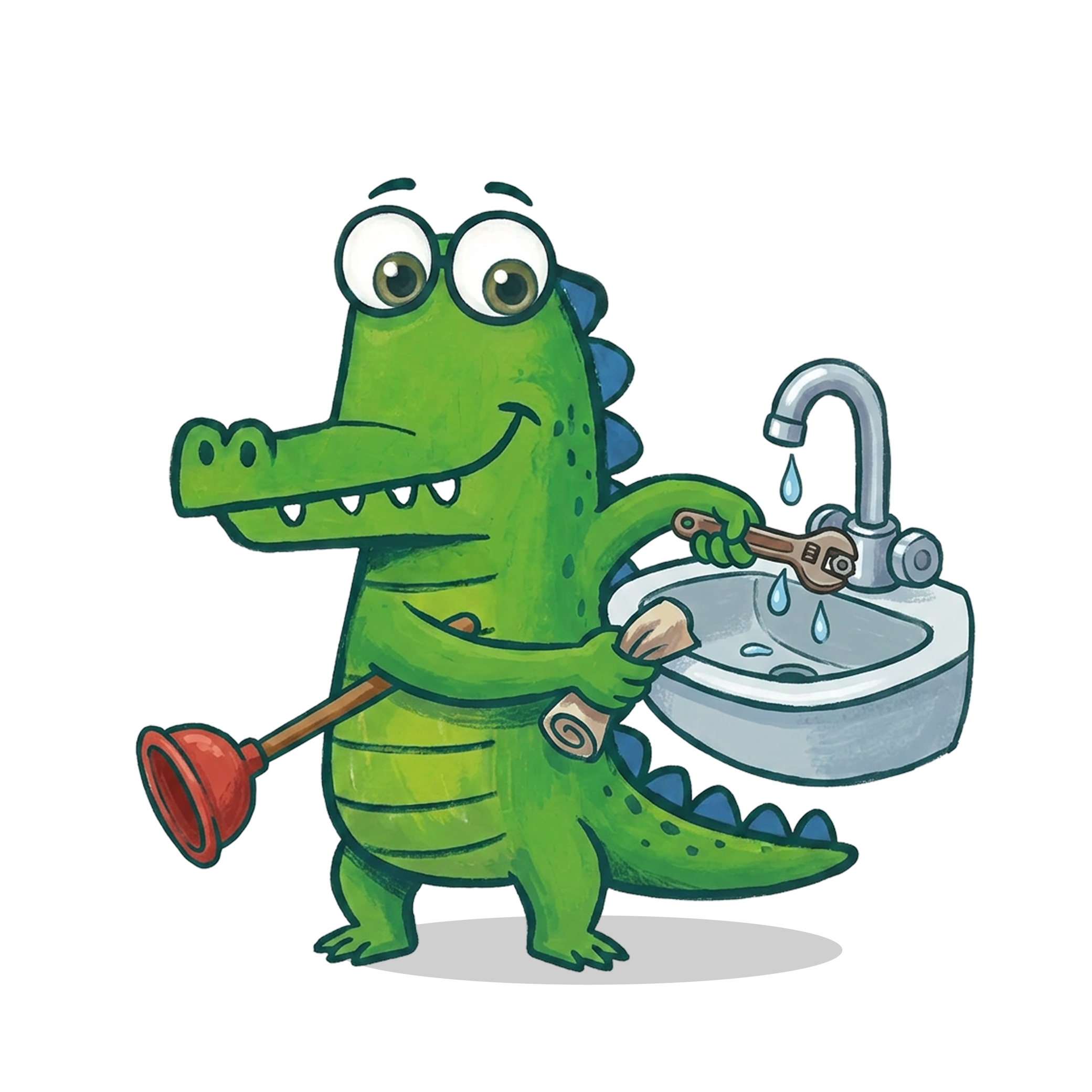 Mr Flow crocodile mascot fixing a leaking tap